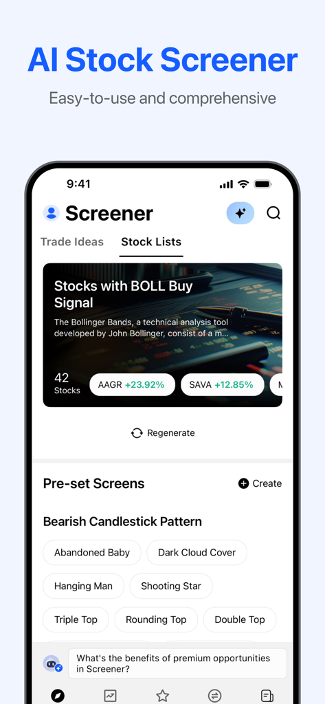 Penny Stocks Screener: Screens - Mobile app screen showing AI stock screening features and technical analysis patterns