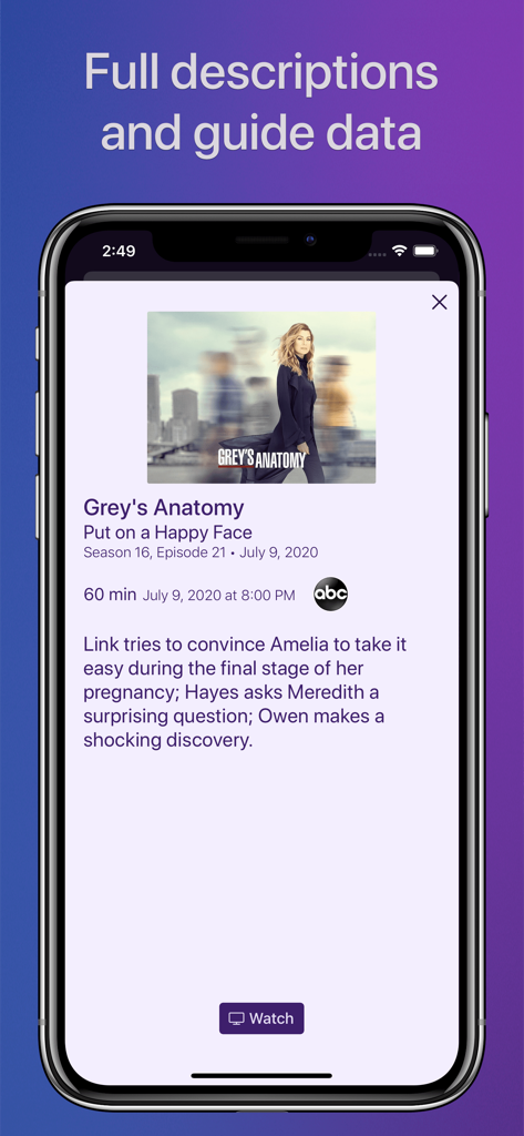 Screenshot of Channels app showing detailed TV show guide data and episode description on an iPhone