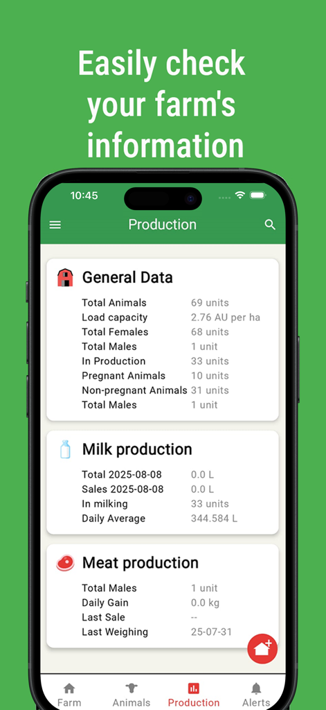 Control Ganadero - Oberfläche einer mobilen App zeigt Daten zur Viehproduktion, einschließlich Tieranzahl und Milch- und Fleischstatistiken