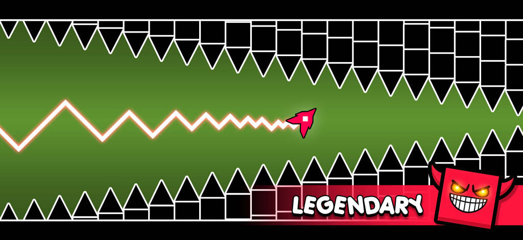 Geometry Vibes - A red arrow navigating a narrow path between sharp black spikes in a legendary level of Geometry Vibes.