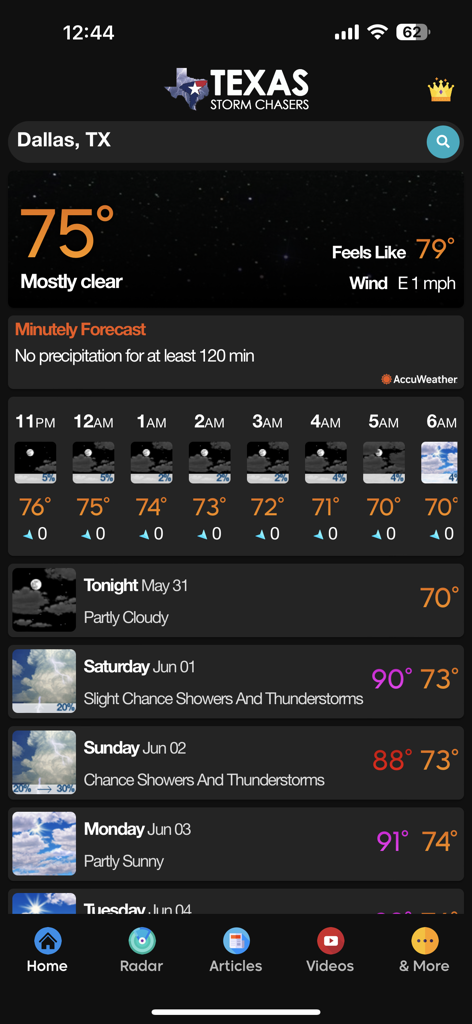 Texas Storm Chasers app home screen showing Dallas weather forecast and hourly temperatures.