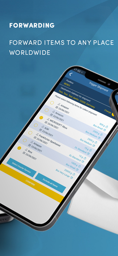 ClevverMail app interface for selecting and forwarding mail and packages worldwide