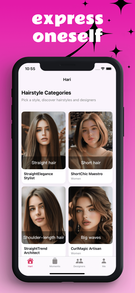 Harier - iPhone screen showing the Harier app interface with several hairstyle categories and trends for women.