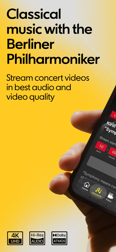 Berliner Philharmoniker - Smartphone zeigt die Benutzeroberfläche der Berliner Philharmoniker App mit Hervorhebung der 4K UHD- und Hi-Res-Audioqualität