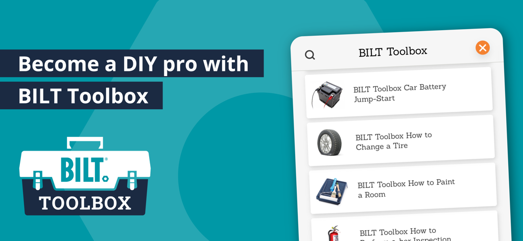 BILT app screen showing the BILT Toolbox with instructional guides for car battery jump starts and home maintenance