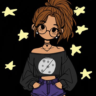 girl with a messy ponytail glasses a baggy crop top and jean shorts