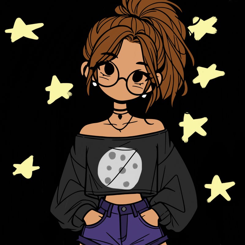 girl with a messy ponytail glasses a baggy crop top and jean shorts