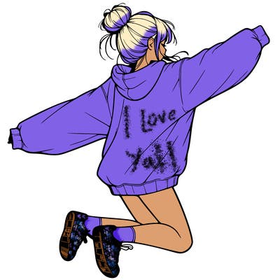 realistic girl jumping with a bun and oversized sweatshirt