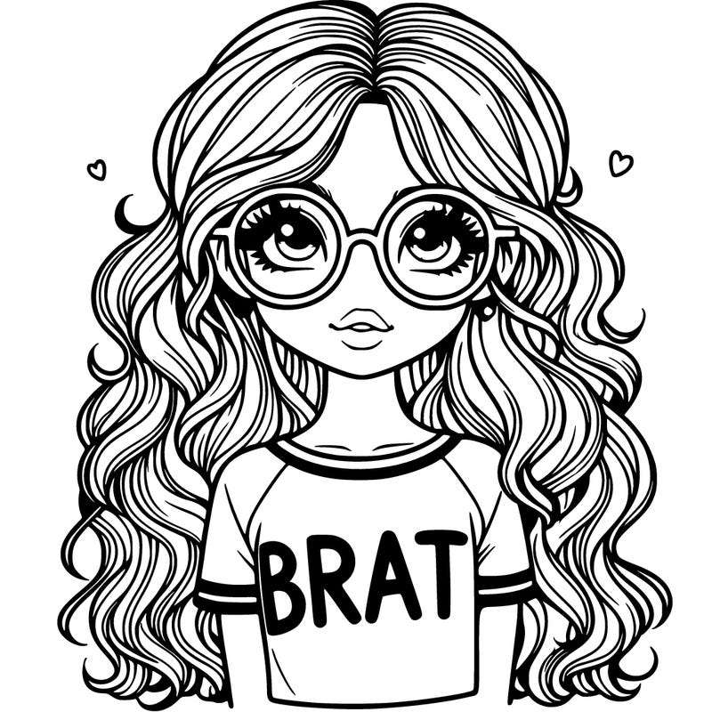 girl wearing shirt with "brat" on it with long wavy hair and charli xcx glasses