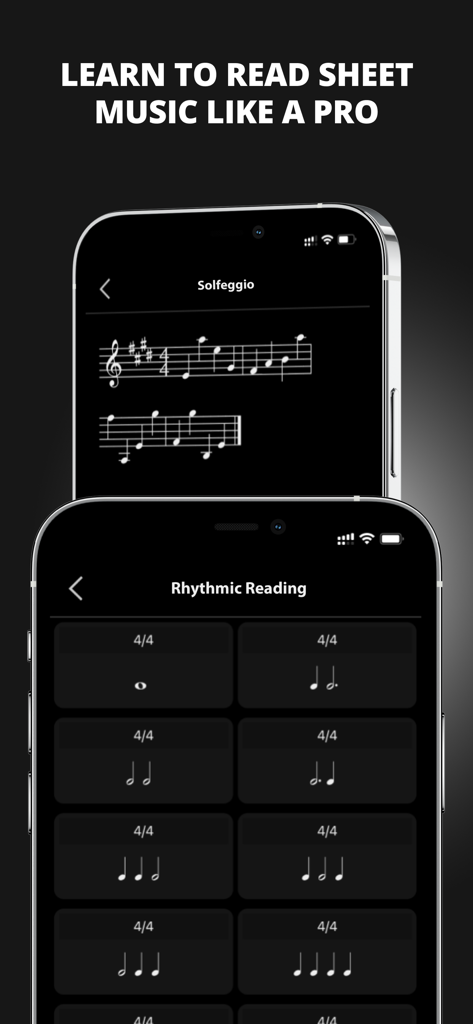 Musical Chord - Musical Chord app screens showing solfeggio and rhythmic reading exercises for musicians