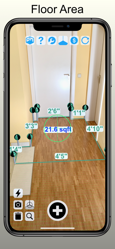 Tape Measure Camera AR Ruler - 廊下の床面積を平方フィートで計算しているAR定規アプリ