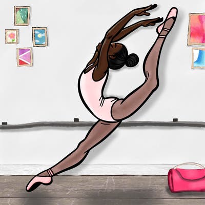 gymnast doing a leap in a leotard with a bent back leg