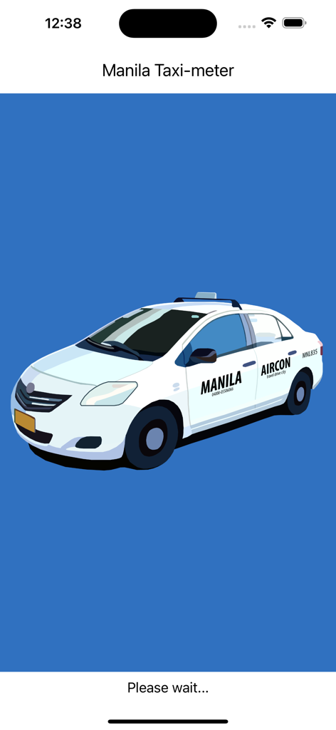 Manila Taxi-meter - Splash screen of the Manila Taxi-meter app featuring an illustration of a white taxi car.