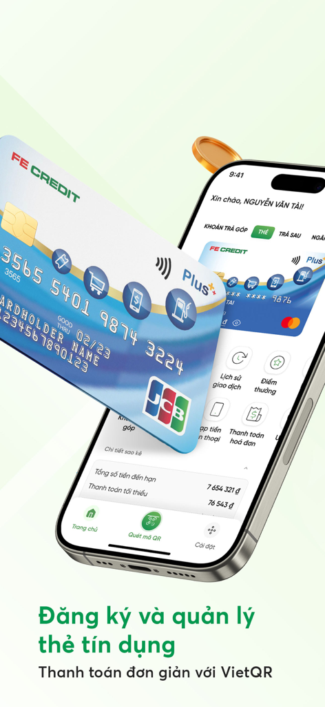 Smartphone exibindo a interface do aplicativo FE ONLINE 2.0 com um cartão FE CREDIT JCB para gerenciamento de cartão de crédito e pagamentos VietQR.