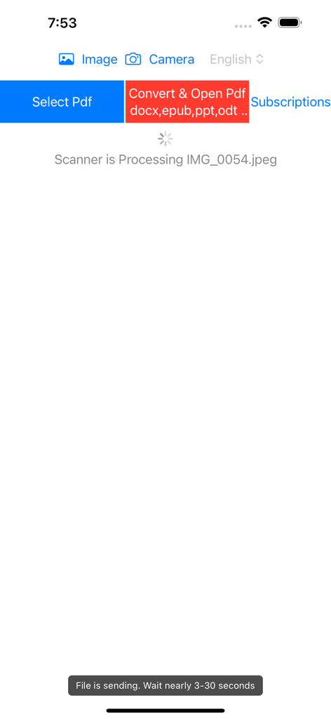 PDF Converter , PDF Reader - Interfaz de la aplicación Convertidor de PDF mostrando un escáner de documentos procesando una imagen para su conversión.