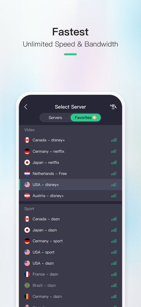Now VPN app server selection screen showing specialized servers for streaming services like Netflix and Disney Plus