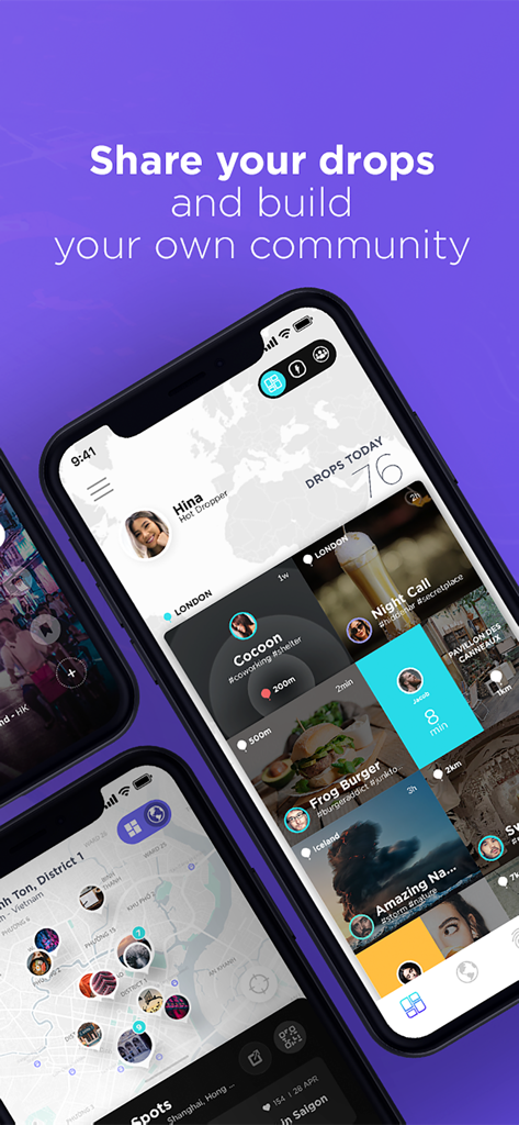 Schermata mobile che mostra un feed social di storie basate sulla posizione e una mappa della città con foto drop.