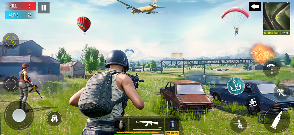 Third-person shooter gameplay in Max Fire Battlegrounds Offline showing a character in an open field with parachutes and vehicles