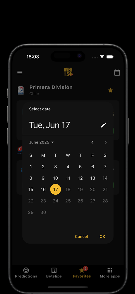 Date selection calendar in the Over 1.5 daily betting tips mobile app