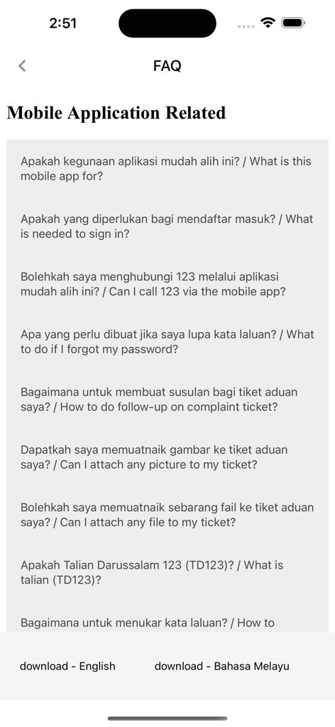 TD123 - FAQ section of the TD123 civic engagement app with bilingual questions in English and Malay