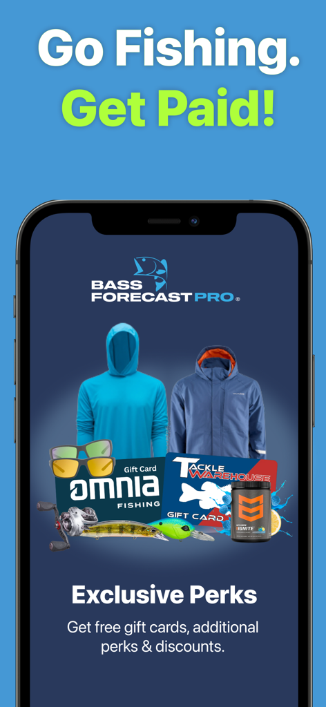 BassForecast: Bass Fishing App - BassForecast Pro screen displaying exclusive perks including fishing gear and gift cards for tackle retailers