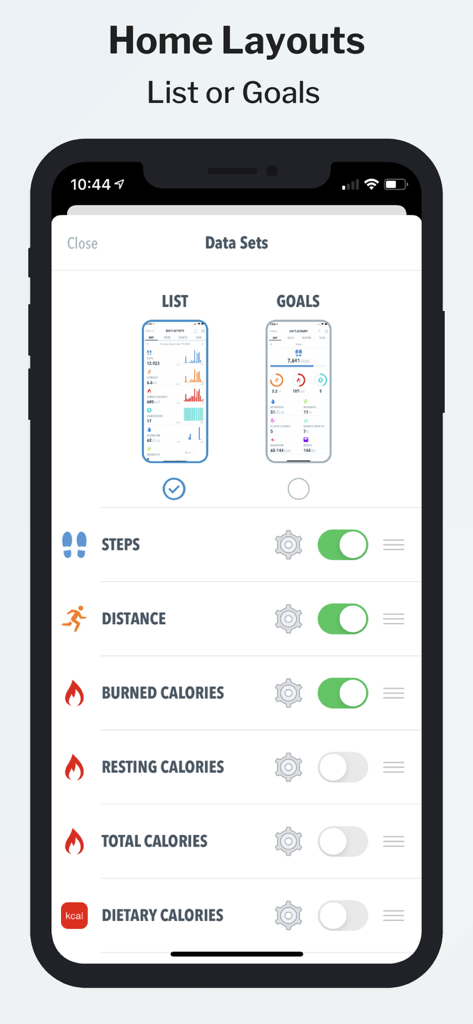 HealthView - HealthView app interface showing options to customize home layouts between list and goals with toggleable health metrics