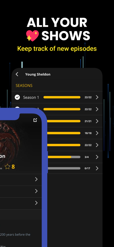 Simkl Lists: TV, Anime, Movies - Interfaccia dell'app Simkl Lists che visualizza barre di avanzamento della stagione per una serie TV per tracciare gli episodi visti