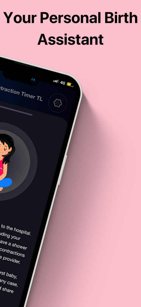 Contraction Timer · - Interfaz de la aplicación Contraction Timer que muestra el texto Tu Asistente Personal de Parto sobre un fondo rosa
