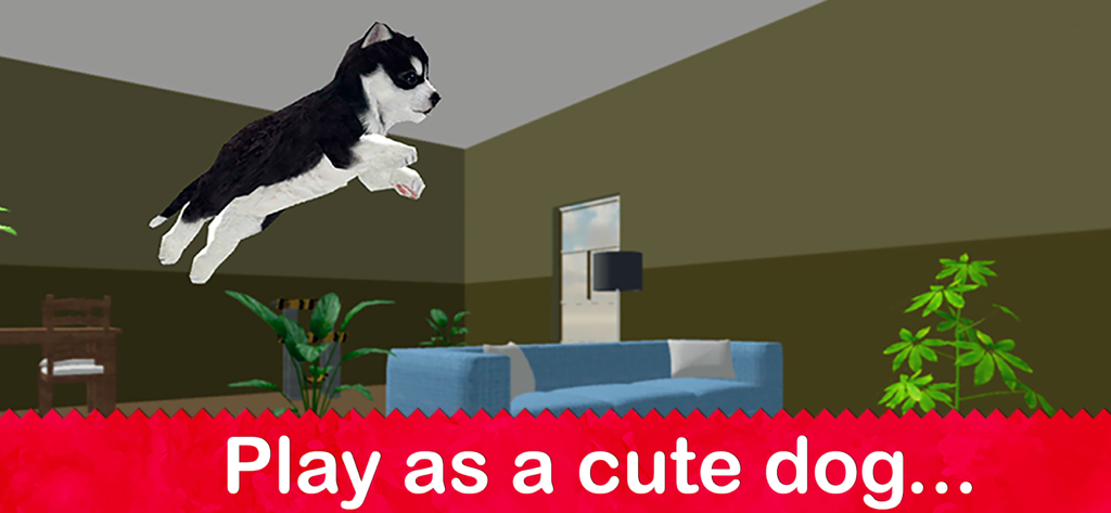 Dog Simulator 2022 - A cute black and white husky puppy jumping in a virtual living room.