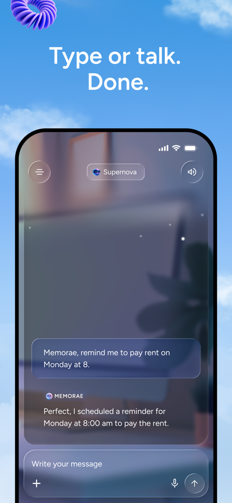 Memorae - Screenshot of the Memorae app showing a conversation with an AI to schedule a rent reminder.