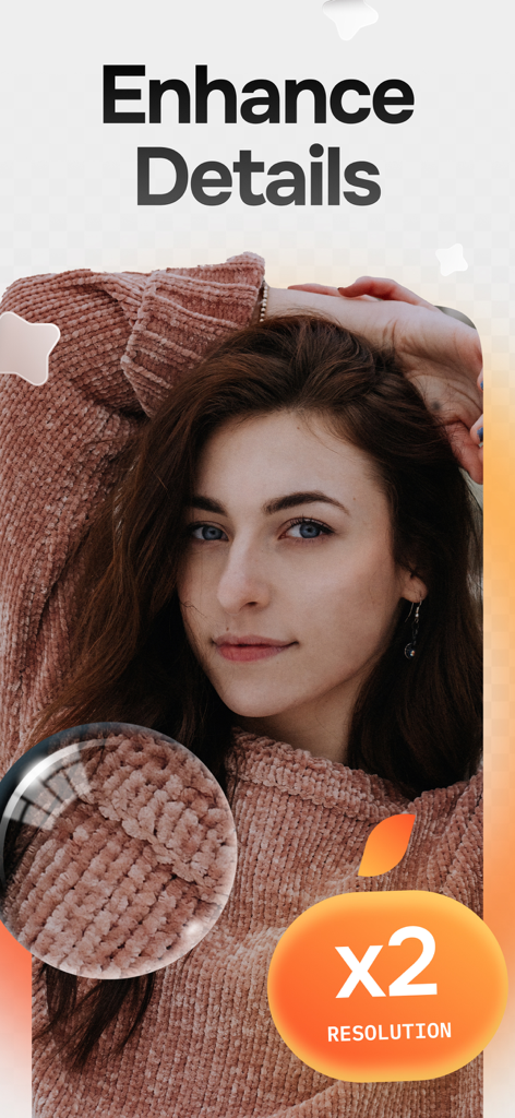 AI photo enhancement of a woman portrait showing 2x resolution and sharpened sweater texture