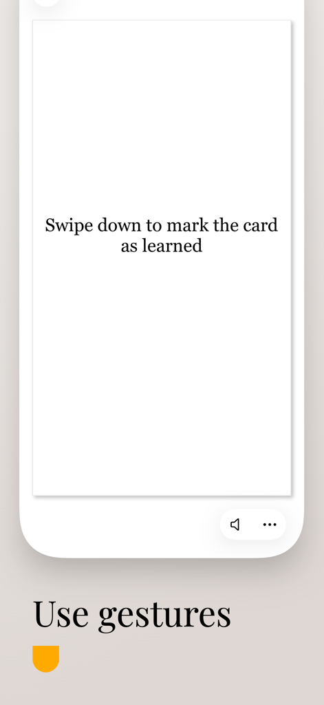 Captura de tela da interface do aplicativo Plain flashcards mostrando instruções para deslizar para baixo para marcar um cartão como aprendido