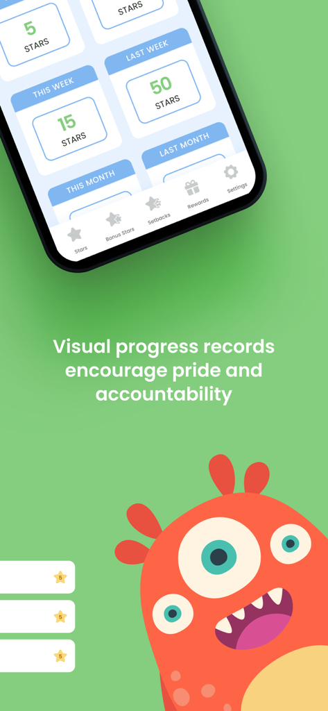 Star Reward Charts - Un écran mobile montrant les enregistrements de récompenses en étoiles hebdomadaires et mensuelles avec un personnage de monstre amical