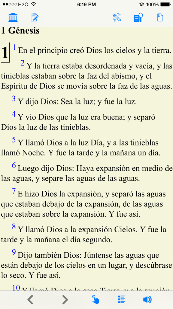 Santa Biblia Version Reina Valera (con audio) - Pantalla de lectura de la aplicación española Santa Biblia Reina Valera mostrando el primer capítulo del Génesis