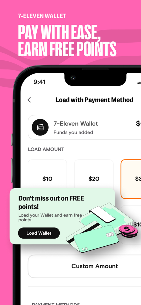 7-Eleven app interface for loading funds into the digital wallet with reward points offer