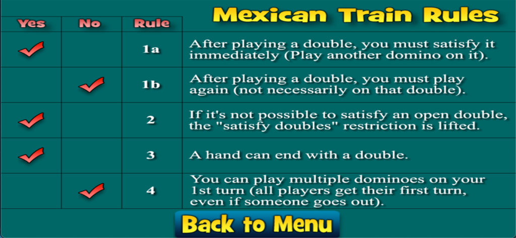 Customizable house rules menu for Mexican Train Dominoes 2