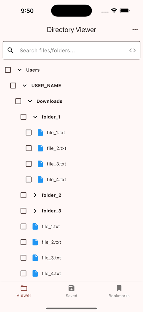 Directory Viewer - Screenshot of the Directory Viewer app interface showing a hierarchical list of folders and text files with a search bar at the top.