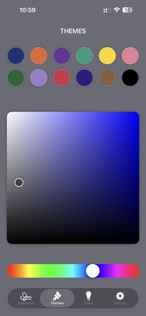Firma Digital - Themes screen in the Firma Digital app showing a color picker and hue slider for UI customization