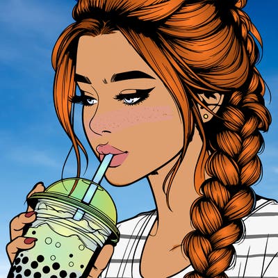 realistic girl drinking boba tea with braided hair