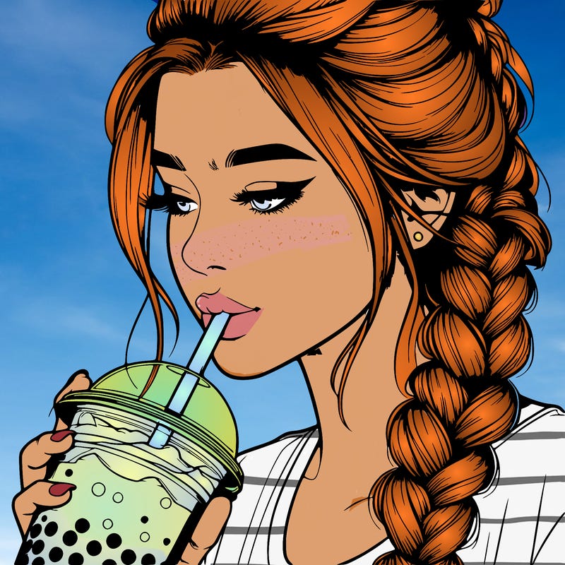 realistic girl drinking boba tea with braided hair