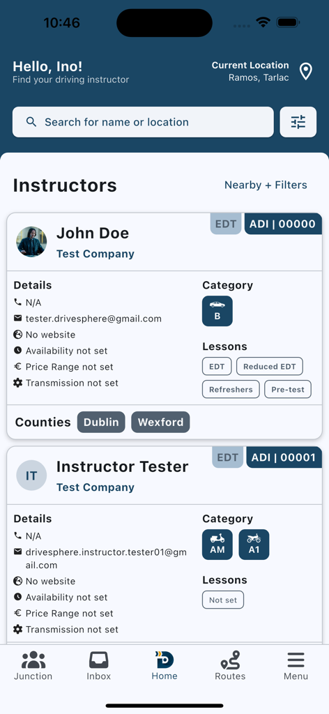 DriveSphere - Mobile app interface for searching driving instructors showing profiles and lesson details