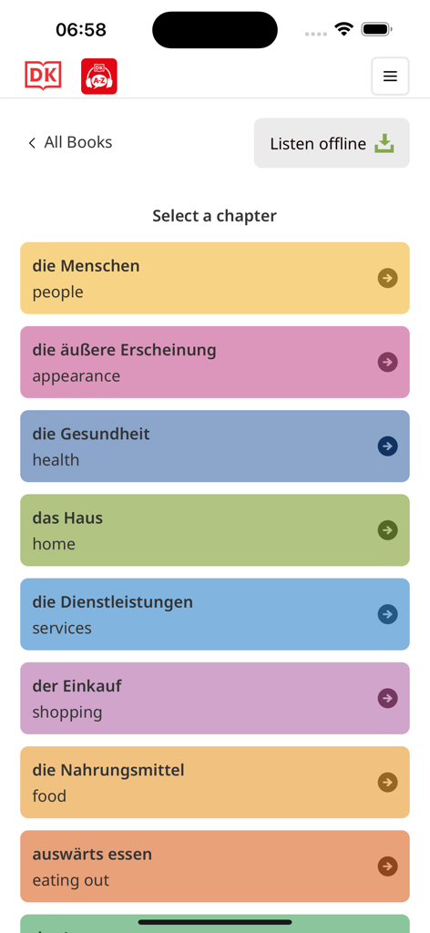 DK Bilingual Visual Dictionary - Interface of the DK Bilingual Visual Dictionary app showing German vocabulary chapters for people, health, and food.