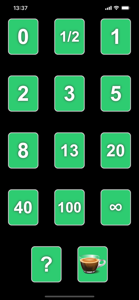 アジャイルスプリント見積もりのための、緑色のプランニングポーカーカードのグリッド