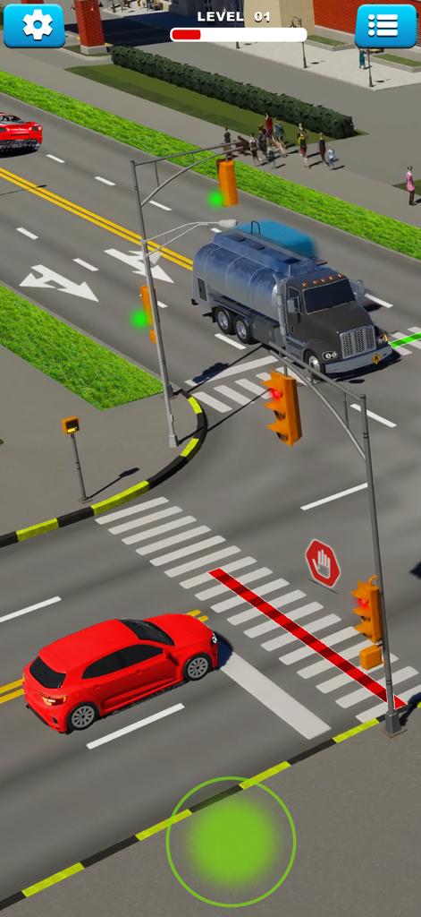 A 3D traffic control simulator showing vehicles at a busy city intersection