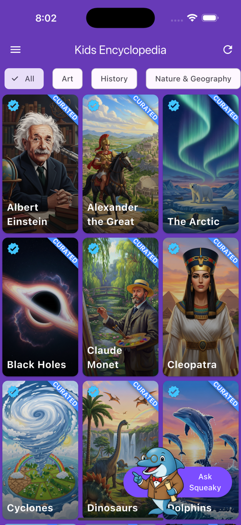 Una griglia di argomenti educativi nell'app Kids Encyclopedia che mostra schede curate per storia scienza e arte con un pulsante assistente IA