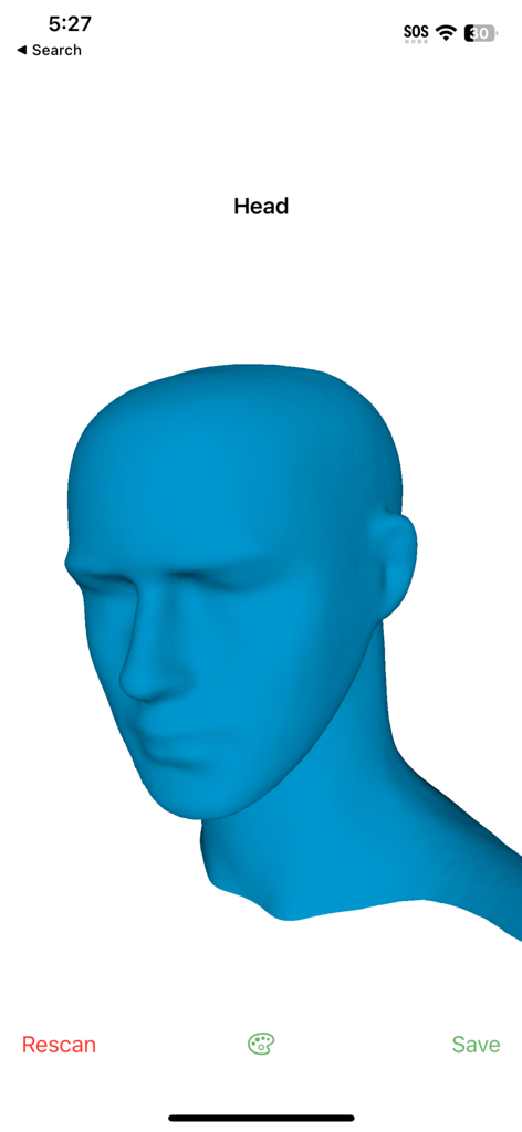 SnugFit O&P 3D Scanner - A 3D digital model of a human head in the SnugFit O&P scanner app interface.
