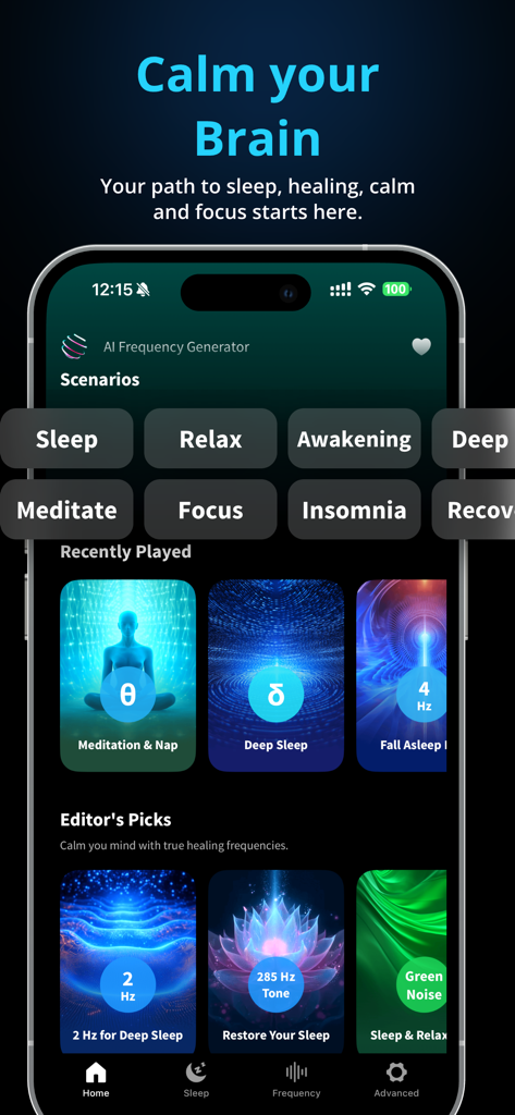 Binaural Beats Healing Sleep - Binaural Beats Healing Sleep app interface showing brainwave scenarios and healing frequencies
