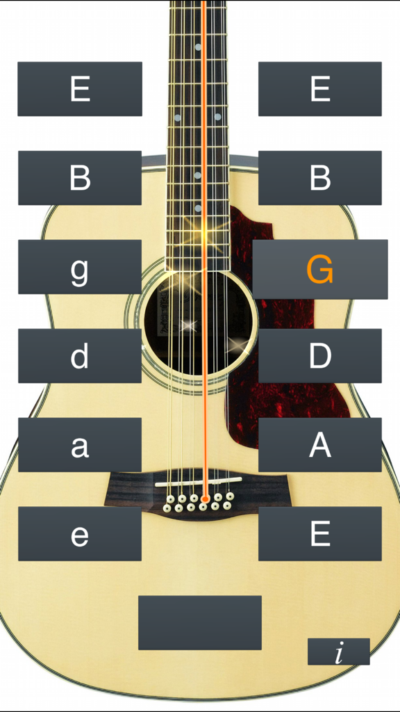 12-String Guitar Tuner Simple - Interface of the 12-string guitar tuner app showing an acoustic guitar with tuning note buttons