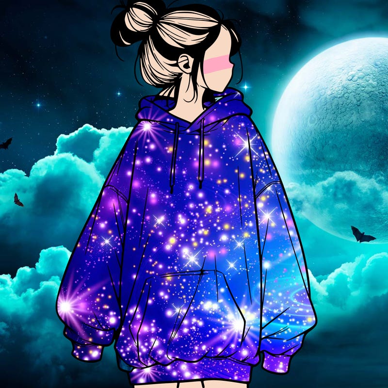 realistic girl with a oversized sweatshirt on and a bun