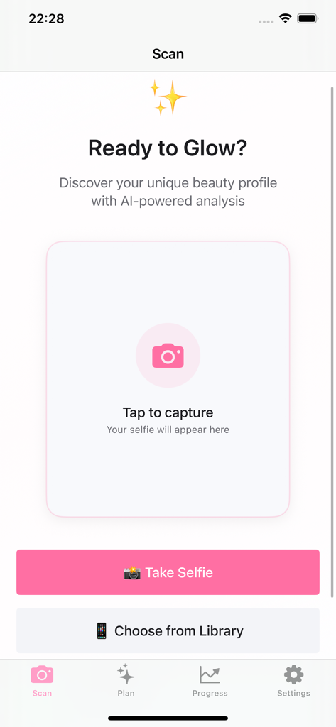 Pretti - Become Attractive - Der Scan-Bildschirm der Pretti-App, auf dem Benutzer ein Selfie aufnehmen oder ein Foto für die KI-Gesichts-Analyse hochladen können.